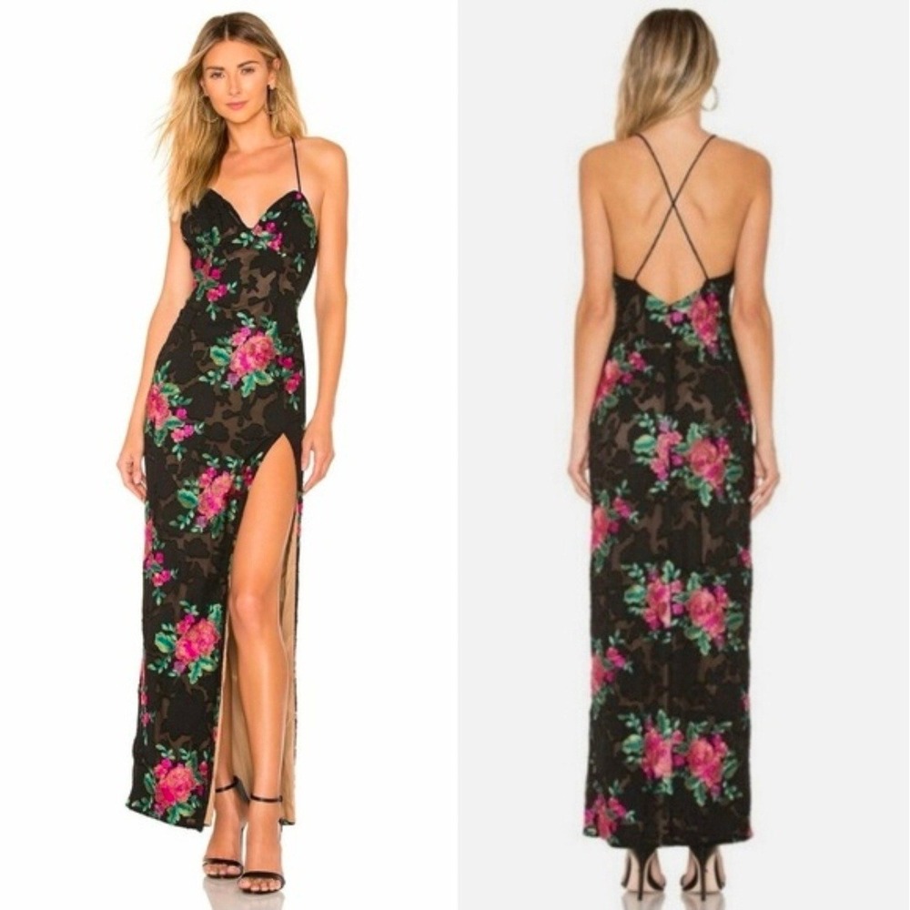 Michael Costello x REVOLVE Black Floral Embroidered Maxi Dress Pink Teal Medium